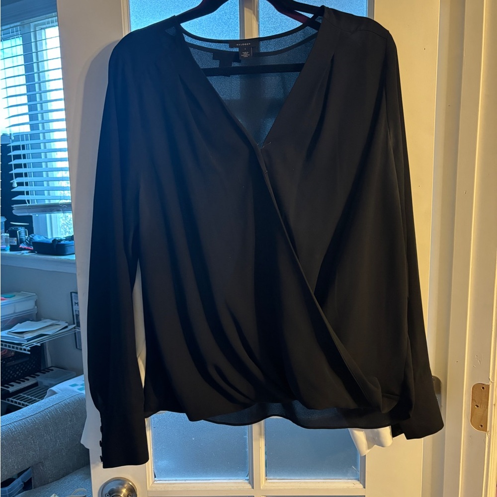 Nordstrom Black Long-Sleeve Faux-Wrap Blouse